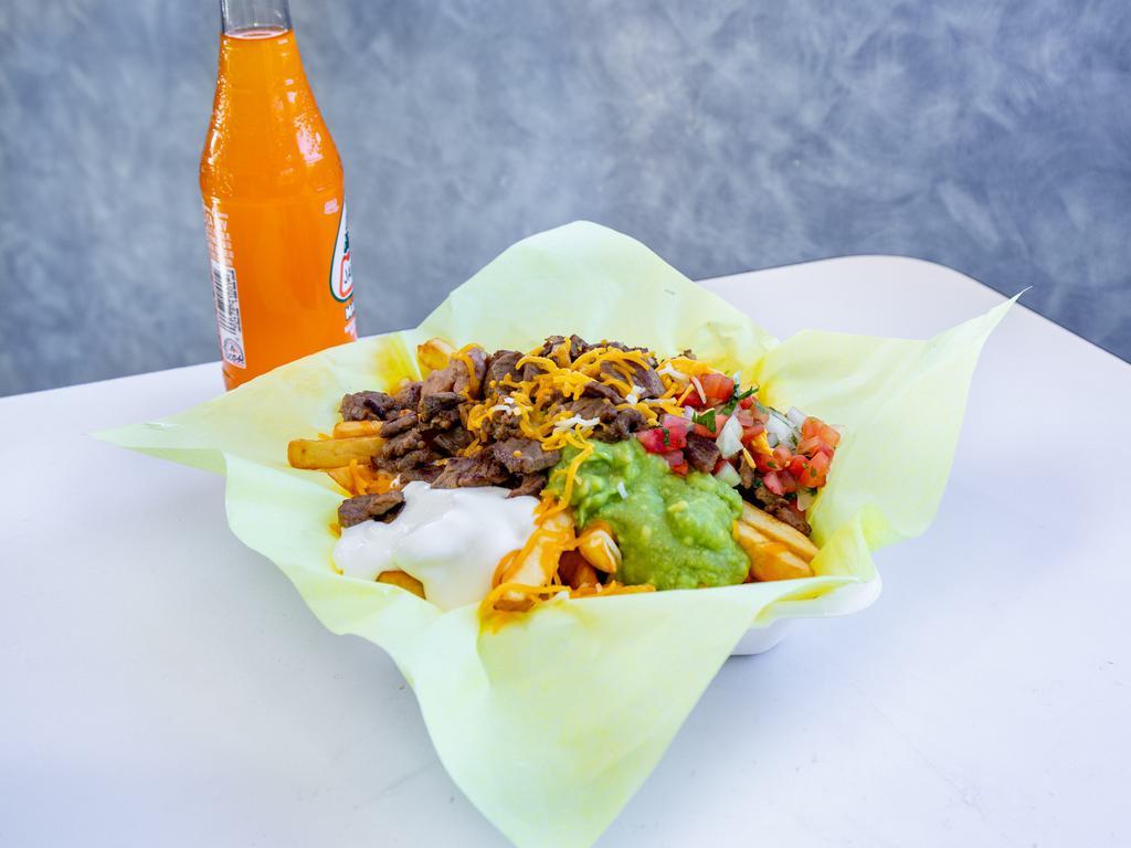 Super Fries · French fries with choice of meat, guacamole, sour cream, beans, cheese and Mexican salsa.