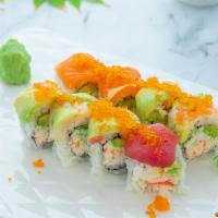 Rainbow Roll ( 8 Pcs) ·  Imitation crab meat avocado inside, topped with assorted fish and tobiko.