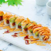 Sea Garden Roll (8 Pcs) · Spicy tuna and avocado instead, topped with salmon, avocado, shrimp and tobiko, spicy mayo, ...