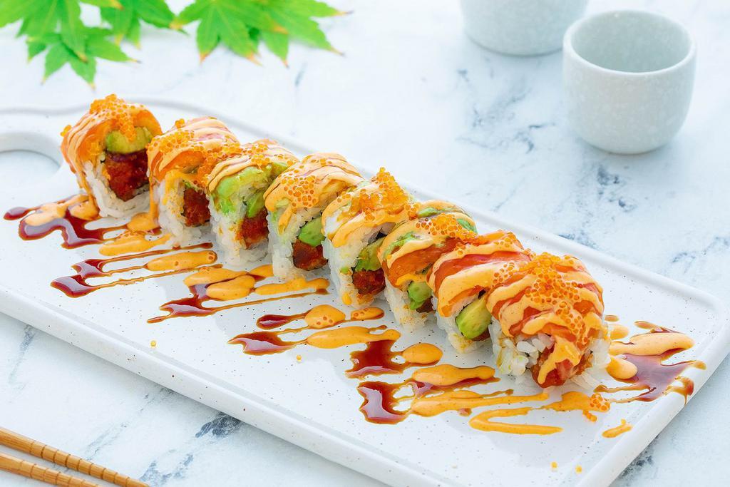 Sea Garden Roll (8 Pcs) · Spicy tuna and avocado instead, topped with salmon, avocado, shrimp and tobiko, spicy mayo, special sauce.