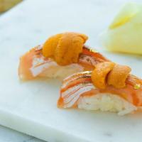 Aburi Salmon Toro with Uni Nigiri 2 Pcs · Nigiri sushi.