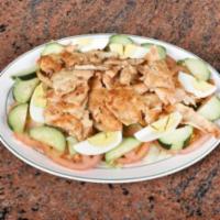 Garden Salad with Grilled Chicken · Lettuce, tomatoes, cucumbers, onions and peppers with a choice of dressing.