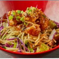Banging shrimp salad · crispy noodles ,creamy, spicy shrimp , sheered lettuce, red cabbage , carrots , cucumber , a...