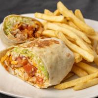 Crispy Buffalo Chicken Wrap · Lettuce, ranch, mixed cheese, tomato, tenders tossed in buffalo sauce.