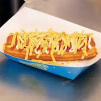 ChurroDog · Delicious salty churro with sausage, glazed with the sauces of your choice.