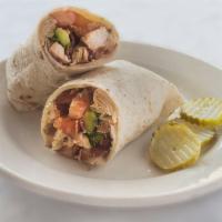 Sunset Wrap · Grilled chicken breast, avocado, tomato, Swiss cheese and bacon.