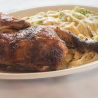Grilled Chicken Fettuccine Alfredo · Our rich and creamy Alfredo sauce over hot fettuccine pasta with a tender grilled breast of ...