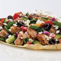 Chicken Souvlaki Pita · Mediterranean seasoned Chicken with YOUR CHOICE OF TOPPINGS, CHEESE & SAUCES !!