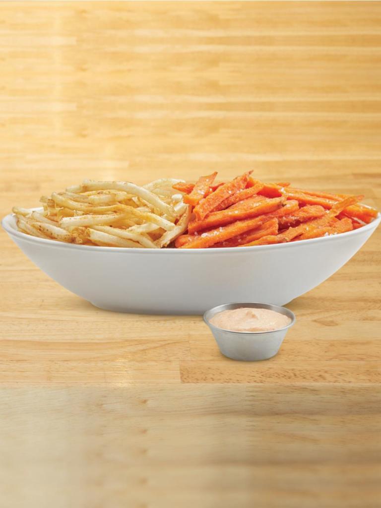 Fries & Sweet Potato Fries · Horseradish aioli.