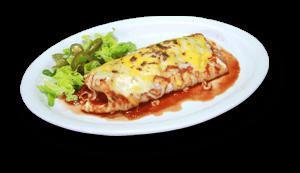 Pancho Villa · Jumbo flour enchilada stuffed with beans, ground beef, chile verde, lettuce and cheese, topped with salsa ranchera (hot) or chile verde (mild) and melted cheese.