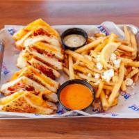 Ultimate Grilled Cheese Sandwich · Triple decker-cheddar, Velveeta, pepper jack, tomato, and bacon on grilled garlic Parmesan c...