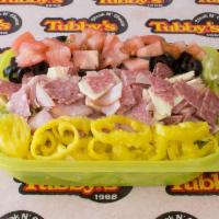Antipasto Salad · Lettuce, ham, hard salami, cheese, tomato, mild peppers and black olives.