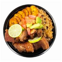 Pork Fried + Rice + Sweet Plantains - Bowl · Chicharron de cerdo + arroz + platanos maduros.
