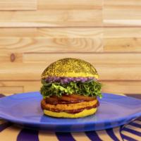 Spicy Chickpea · Hot temptation: turmeric bun, chickpea patty with carnaroli rice, carrots, dried basil and s...