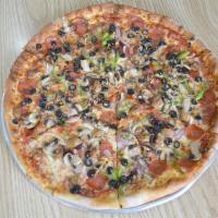 The Works Pizza · Pepperoni, sausage, onions, green peppers, black olives and mushrooms.