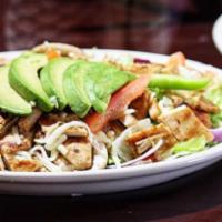 Grilled Chicken Avocado Salad · Grilled chicken breast, avocado, tomato, green pepper, mushrooms, lettuce and shredded chees...