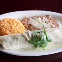 Burrito Carne Asada · A large flour tortilla filled with beef steak, covered with cheese sauce and served with ric...