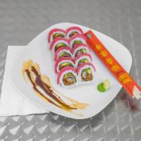 Pante Roll · Spicy tuna, imitation crab tempura and avocado topped with fresh tuna. 