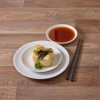 Agedashi Tofu · Fried tofu in dashi soup with daikon radish, green onion, bonito flake and seaweed.