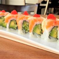 49ers Roll · Avocado, cucumber, tobiko and salmon. Topped with thin slice of lemon.