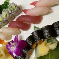 Isshin Combo · 8 pieces chef's selected sushi, California roll, salmon roll & shrimp tempura and seaweed sa...