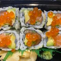New York Roll · Salmon, avocado and cucumber inside with fresh ikura on top.