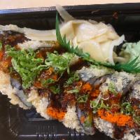 Godzilla roll · lightly fried spicy tuna & avocado topped W eel sauce.caviar & scallions