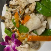 Moo Goo Gai Pan · Stir-fried chicken and vegetables.