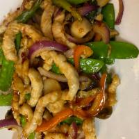 Thai Basil Stir-Fried · Basil, red bell pepper, red onion,mushroom.snow peas.green pepper with basil sauce. Spicy.