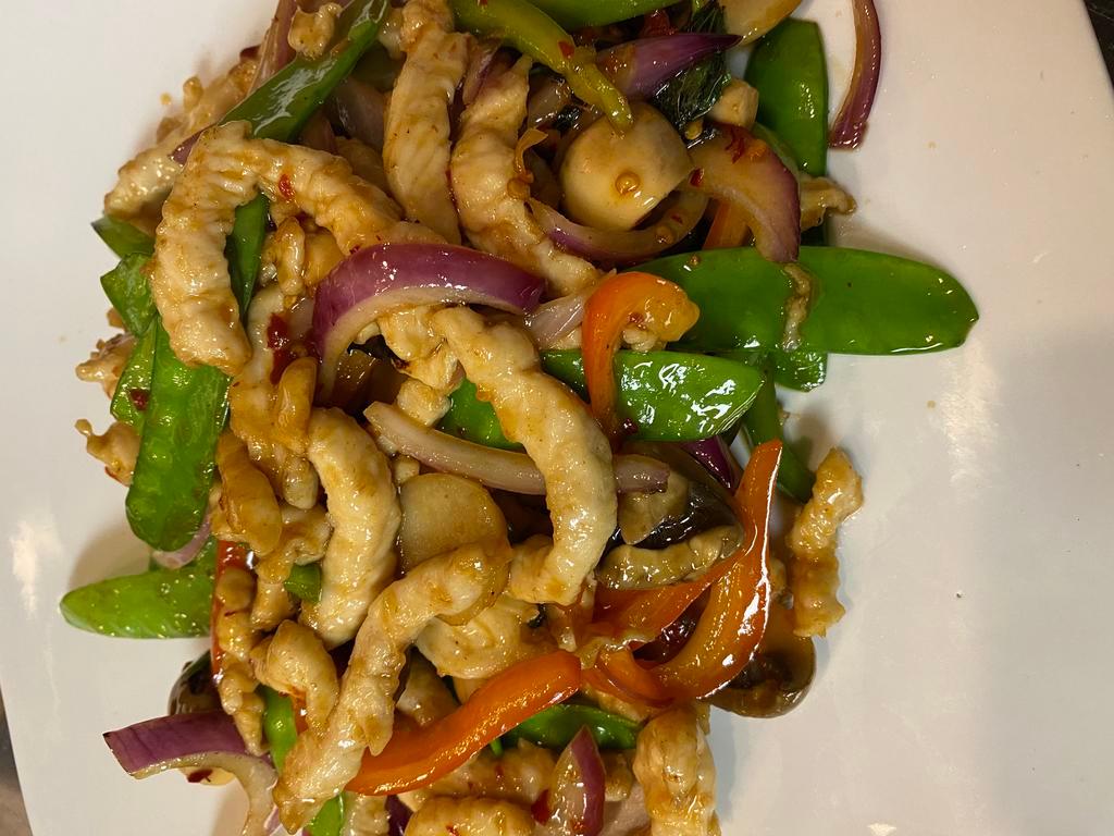 Thai Basil Stir-Fried · Basil, red bell pepper, red onion,mushroom.snow peas.green pepper with basil sauce. Spicy.