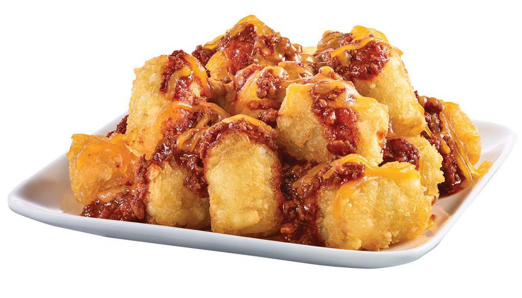 Chili Cheese Party Tots · Sink your teeth into these crispy, golden tots piled high with Krystal’s chili and then topped with shredded cheddar cheese to create the ultimate mouthwatering blend of flavors.