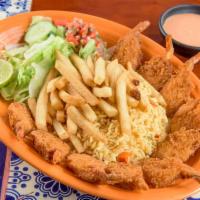 Breaded Shrimp · Camarones empanizados. Served with rice, french fries and salad.