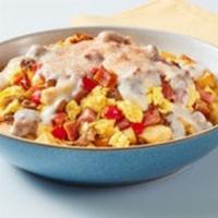 Three Smothered Piggies · Don't decide, have ALL the meats! Seasoned country potatoes, scrambled eggs mixed in with sa...