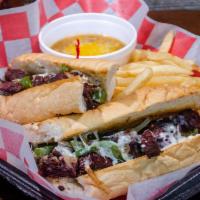 Pueblo Steak and Cheese  Sandwich · Tender strips of steak on a toasted hoagie roll, topped with onions,green bel peppers, and p...