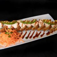 Santa Rosa Roll · Sushi rice, nori, steamed prawns, imitation crab meat and salad, cream cheese, avocado, eel ...