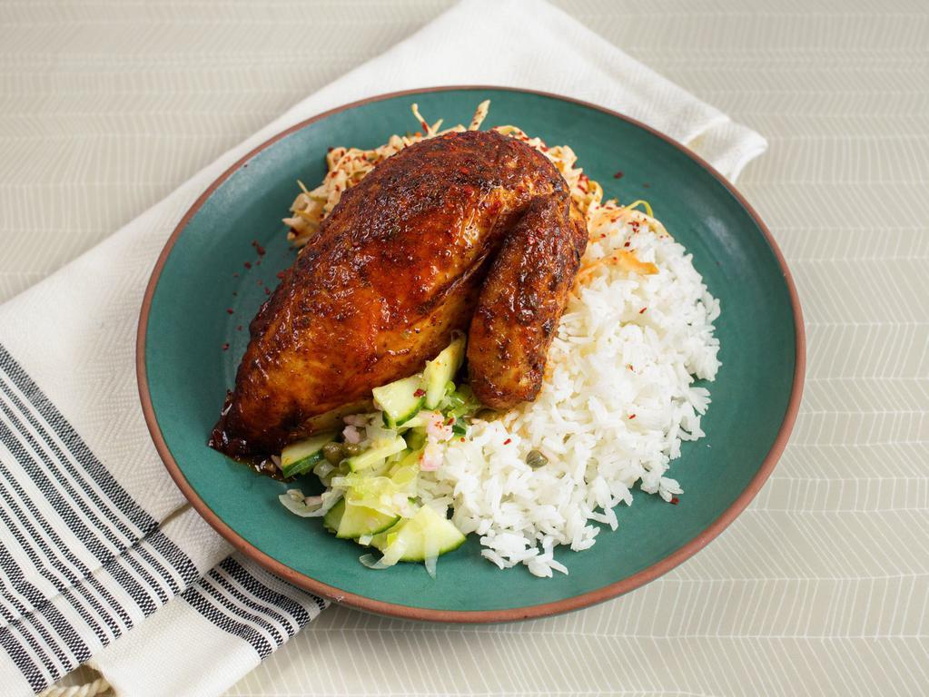 Breast Quarter Baked Chicken (GF) by The Roost · By The Roost. Our famous ancho-mustard rubbed 38 North chicken. Served with a crunchy salsa verde, adobo buttermilk slaw, and jasmine rice. Contains dairy, nightshades, and eggs. We cannot make substitutions.