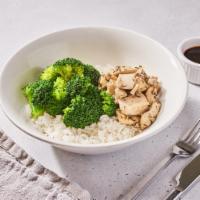 Chicken and Rice Bowl (GF) · Herb roasted free-range organic chicken served with broccoli, your choice of rice, and a gre...