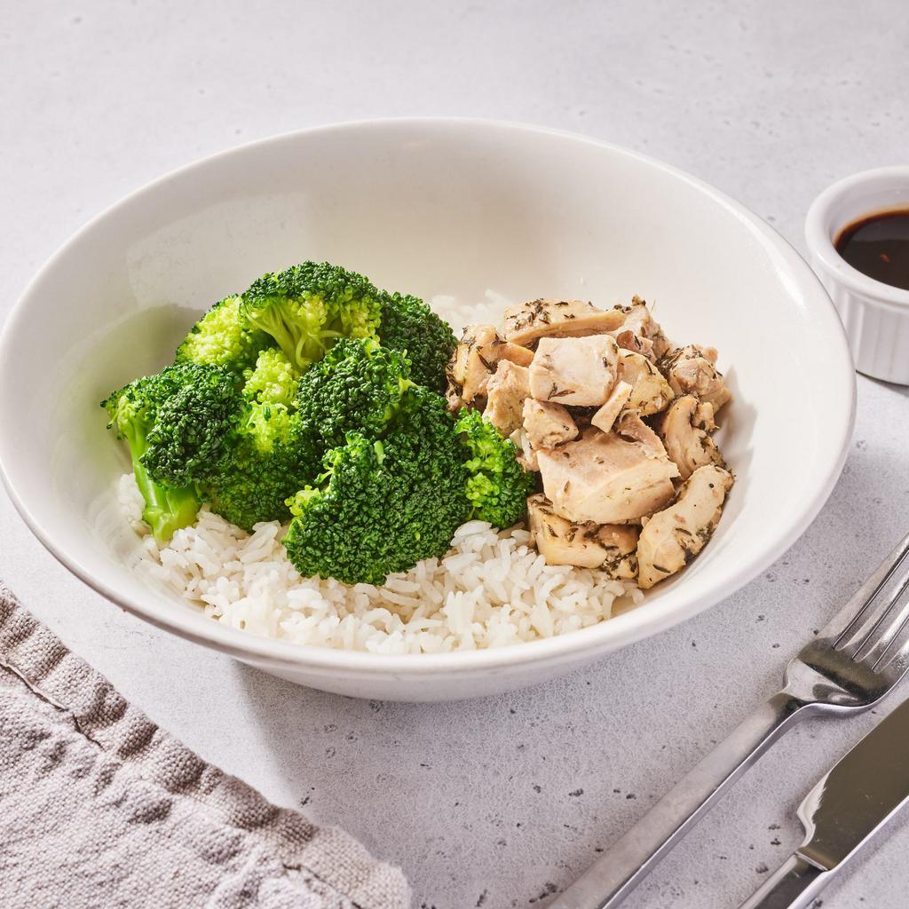 Chicken and Rice Bowl (GF) · Herb roasted free-range organic chicken served with broccoli, your choice of rice, and a green goddess sauce. Good for: gluten-free, paleo, whole30. We cannot make substitutions.