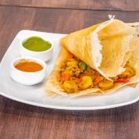 Cochin Shrimp Dosa · Roasted shrimp, onion, tomato, bell pepper, turmeric, and spices.