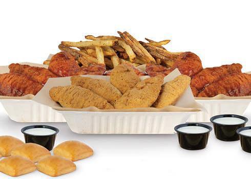 24 Piece Crispy Tender Pack · 24 Breaded Tenders with choice of up to 4 sauces, 2 large fries, 4 dips and 6 rolls