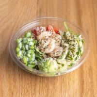 Hello Keto · Mix greens, shrimp with cucumber, edamame, tomato topped with avocado, yum yum sauce, with s...