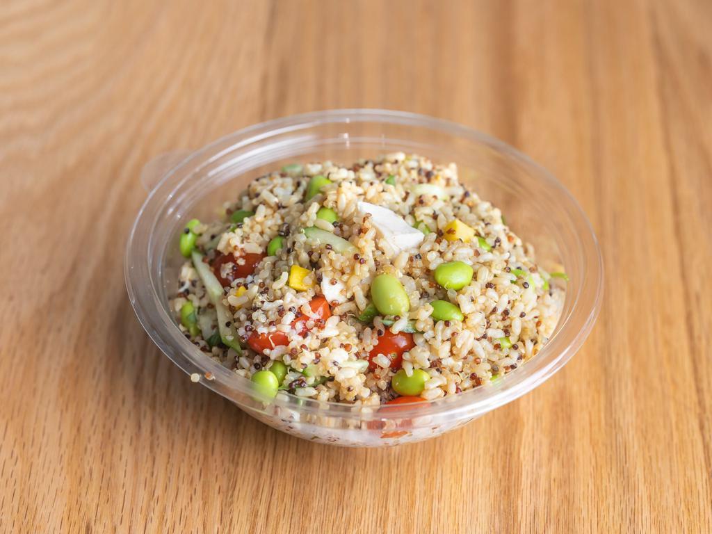 Quinoa Salad · Quinoa, brown rice, and chicken mixed with tomato, mango, cilantro, cucumber, edamame, ponzu sauce and lemon ginger. *item is sold as is, no substitutions or modifications allowed. Item is sold as is, no substitutions or modifications allowed. *