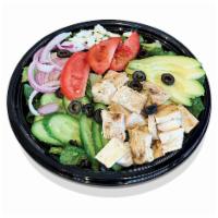 Mediterranean  · Grilled Chicken Breast, Romaine Lettuce, Tomato, Feta Cheese, Black Olive, Cucumber, Red Oni...