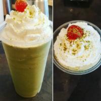 Matcha Green Tea Frozen Blend · Using our premium flavor / powder base blended with milk & ice topped with whipped cream.