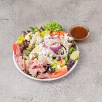 Billy's Greek Salad · Fresh spring mix with tomatoes, cucumbers, mushrooms, red onion rings, feta cheese, olives, ...