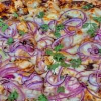 BBQ Chicken Pizza · Grilled chicken, cilantro, red onions, BBQ sauce, and mozzarella cheese. 
