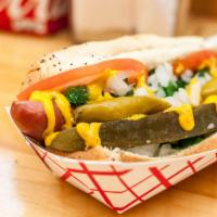 Hot Dog · Tomatoes, Pickles, Relish, Onions, Mustard, Sport Peppers, and Celery Salt