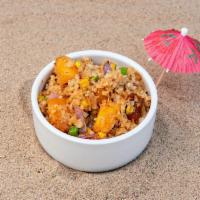 Pineapple Cauliflower Fried Rice · Roasted cauliflower rice, roasted pineapple, peas, corn, green onions, and sesame seeds with...