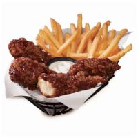 Honey BBQ Sauced & Tossed Chicken Strip Basket · 100% all-white-meat tenderloin strips, tossed in a sweet and smoky Honey BBQ sauce, and serv...