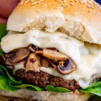 Mushroom and Swiss Burger · Grilled mushrooms and Swiss cheese.